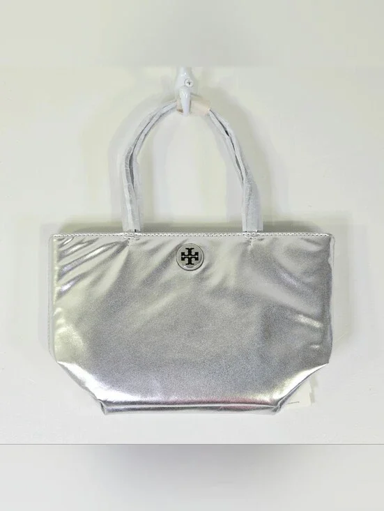 NWT TORY BURCH METALLIC SILVER MINI TOTE BAG WITH STRAP.