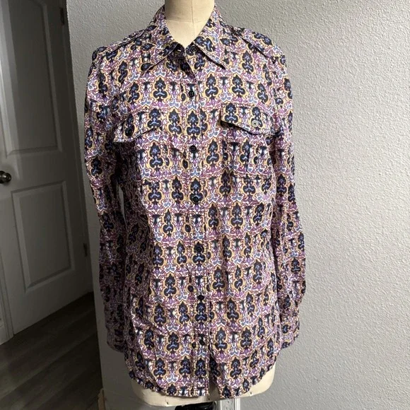 Tory Burch Cotton Demask Kaleidoscope Button Blouse Roll Tab Long Sleeve Sz 10