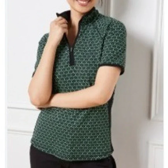 Talbots UPF 50+‎ Pique Polo Green Outlined Scalloped Size MP Medium Petite