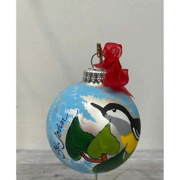 West Germany Hand Painted Glass 3' Bird Christmas Ornament Signed Diane St John