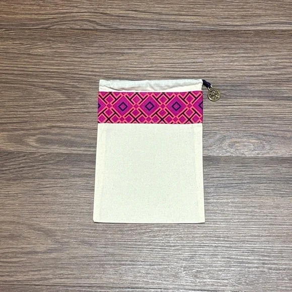 Tory Burch Pink & Cream Logo Print Drawstring Pouch