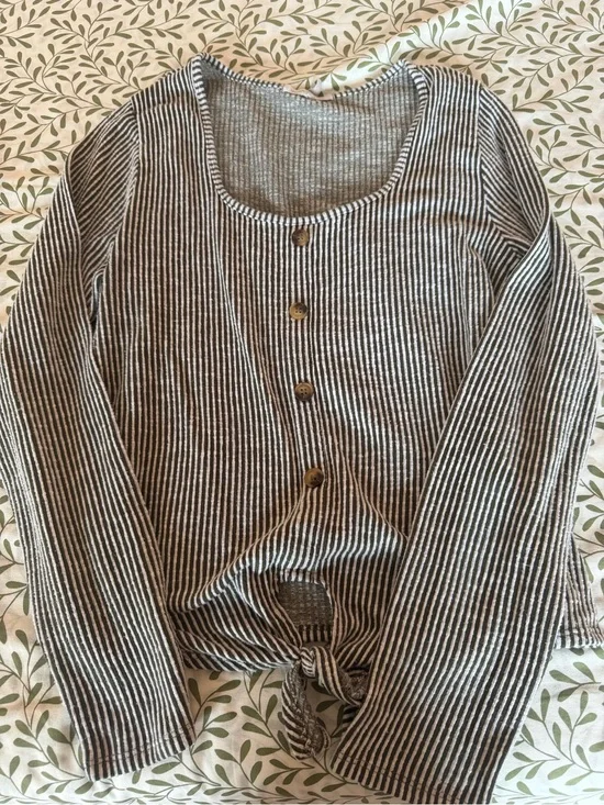 Striped Button-Front Tie Hem Top in Green and White