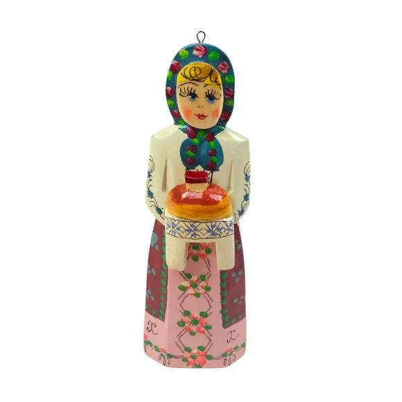 Hand Painted Russian Folk Art Wooden Woman Figurine Babushka Ornament 4.5 inch