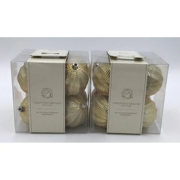 Christian Siriano Gold Chevron Shatterproof Christmas Ornaments 2 Boxes 16 Total