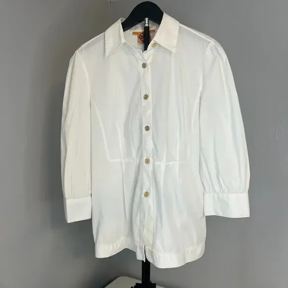Tory Burch Women’s Size 8 White Button Down Shirt Gold Logo Buttons Blouse