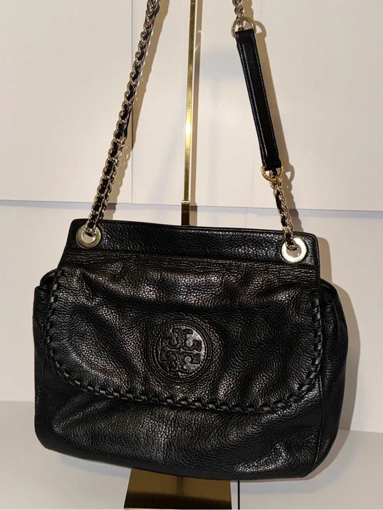 Tory Burch Black Pebbled Leather Chain Shoulder Bag