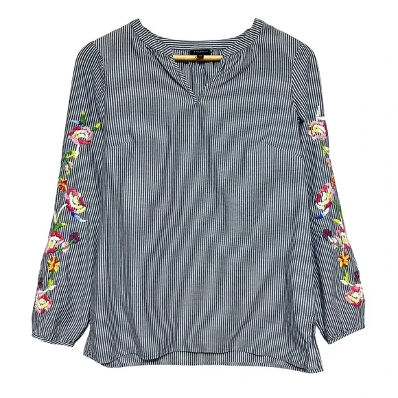 Talbots Floral Embroidered Striped Blouse Tunic‎ Womens XS Boho Lightweight Top