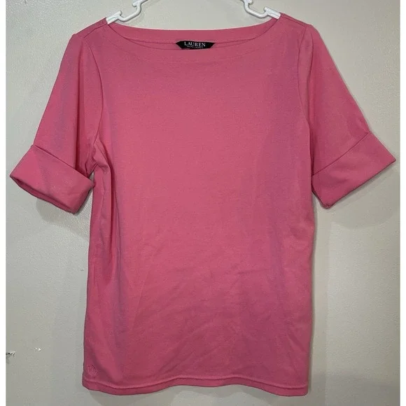 Lauren Ralph Lauren Stretch Cotton Blend Boat Neck Rolled Sleeve Shirt‎ Sz PL