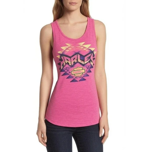 Harley Davidson Tank Top‎ Womens Large Pink Print Bar Shield Logo Scoop Neck