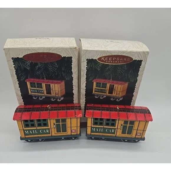 Hallmark Keepsake Yuletide Central Mail Car 1996 Ornament set of 2