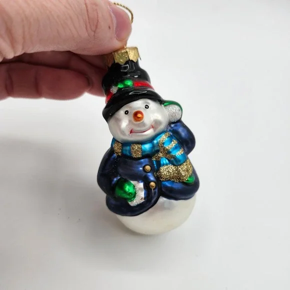 Vintage Santa's Best North Pole Snowmen Glass Ornament Blue Coat Top‎ Hat 1999