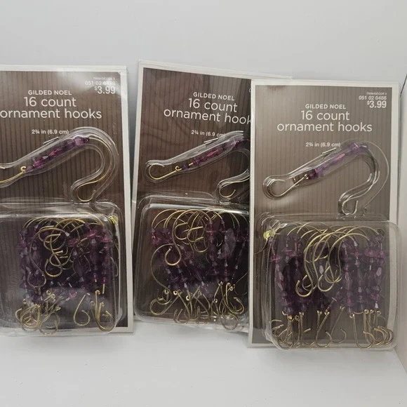 Lot of 3 Gilded Noel‎ Ornament Hooks 16 Count Each Purple Beaded Gold Christmas