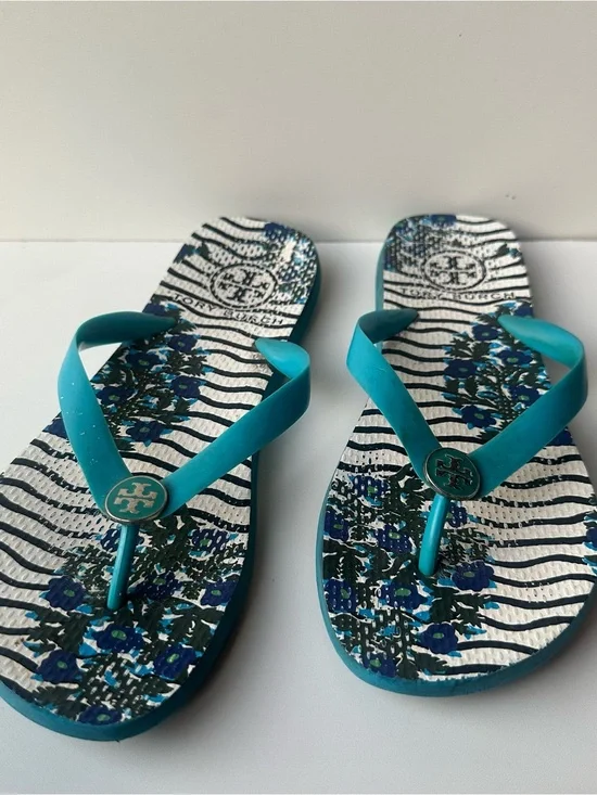 Tory Burch Printed Thin Flip Flop Sandals Blue Floral Wave Graphic Size 7