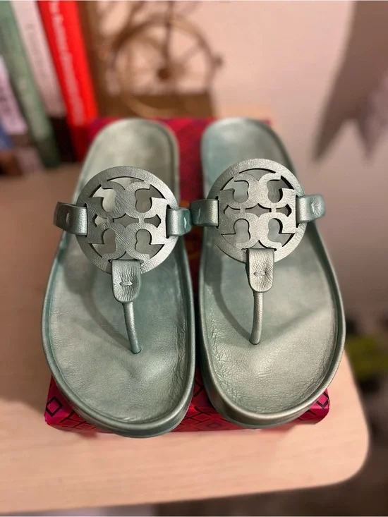 Tory Burch Metallic Seafoam Green Miller Thong Sandals