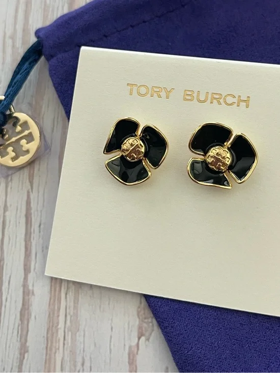 $235 New, Authentic Tory Burch Flower Black Enamel Gold TB Logo Stud Earrings