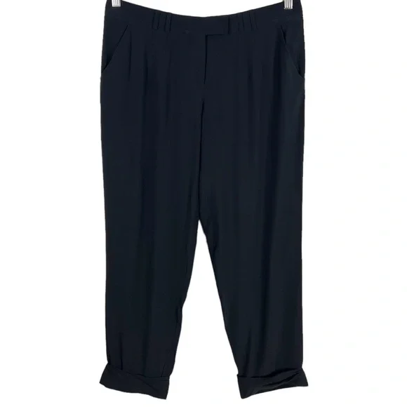 Tory Burch Black Silk Tapered Leg Ankle Fit Cuffed Dress Pants Size 6