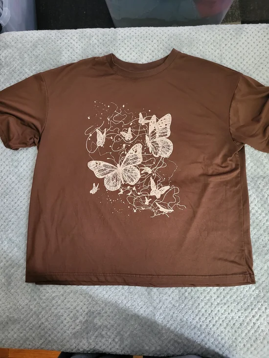 Shein Brown‎ Tee With Butterflies XL