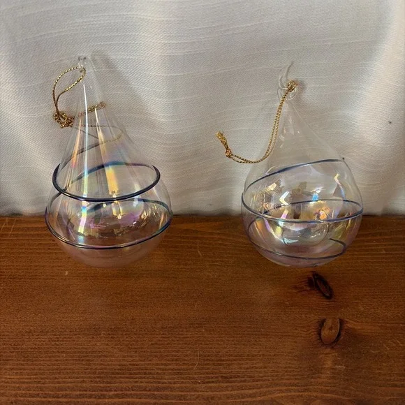 2 Vintage Hand Blown Iridescent Clear Glass Teardrop Christmas Ornament‎ 6