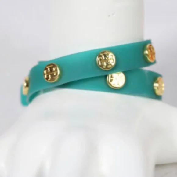 Tory Burch Logo Studded Jelly Wrap Turquoise Bracelet