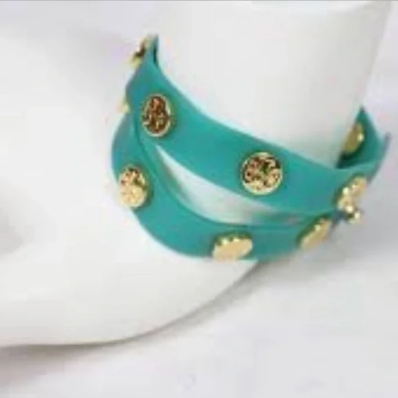 Tory Burch Logo Studded Jelly Wrap Turquoise Bracelet
