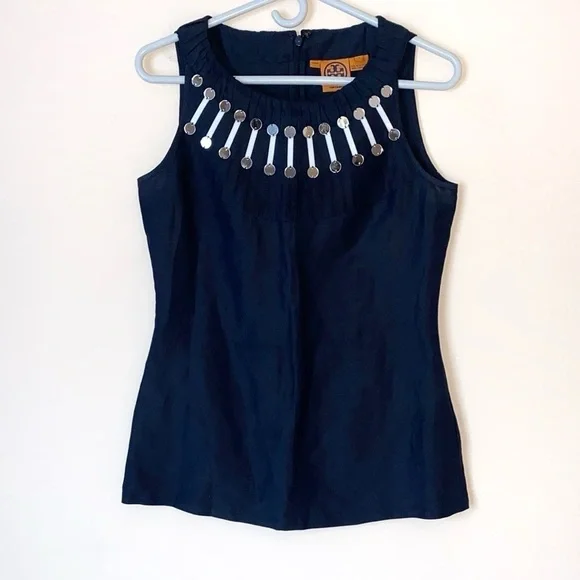 Tory Burch Navy Sleeveless Top with Embellishments Silk Linen