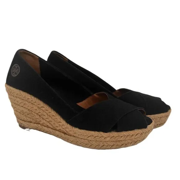 Tory Burch Black Filipa Open Toe Espadrille Wedges Shoes Size 38 / 8