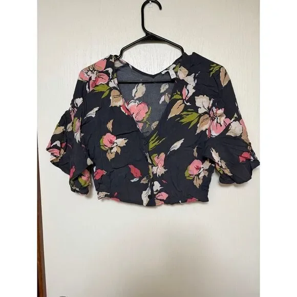 Leith Floral Print Ruffle Short Sleeve Crop Top Size Small