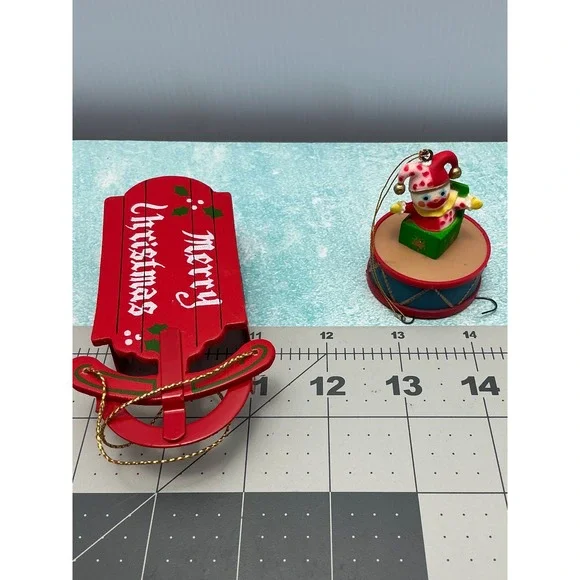 Vintage‎ Merry Christmas Sled & Jack in the Box Drum Ornaments Set
