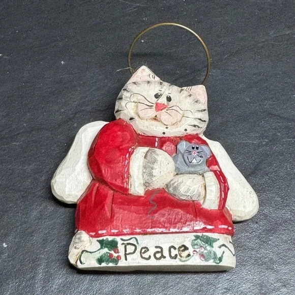 Vintage 1997 Eddie Cat Angel Mouse Peace Christmas Ornament Folk Art Resin Red