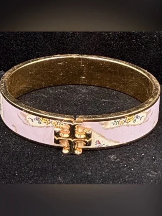 Tory Burch Gold and Light Pink Kira Floral Enamel Logo Hinge Bangle