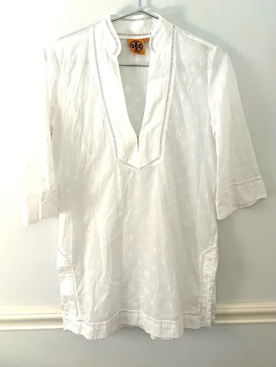TORY BURCH Cotton/Linen Blend Split-Neck Sheer Tunic, white logo pattern