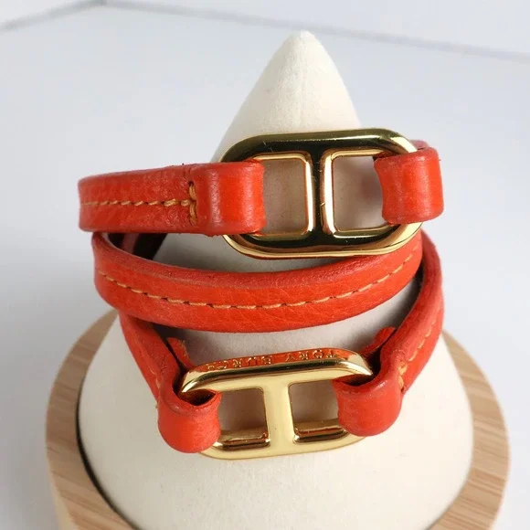 Tory Burch Orange Leather Triple Wrap Bracelet Gold Logo Hardware Small Wrist