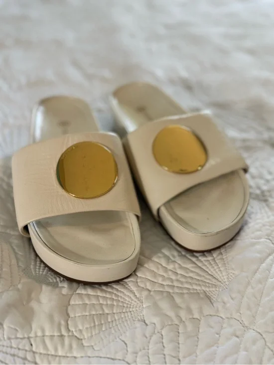 Tory Burch Cream Slide Sandals with Gold Medallion