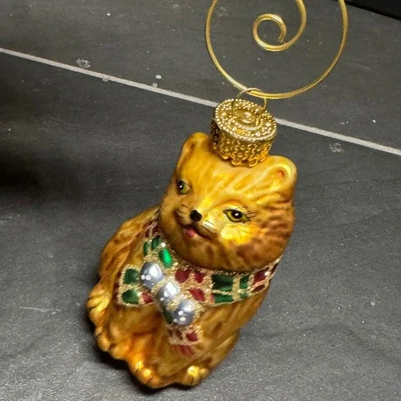 Vintage Blown Glass Cat Christmas Ornament Gold Tabby with Glitter Scarf 3 Inch