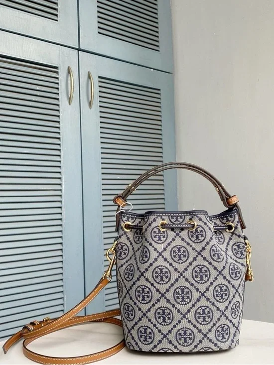 Tory Burch Navy and Cream Monogram Bucket Bag