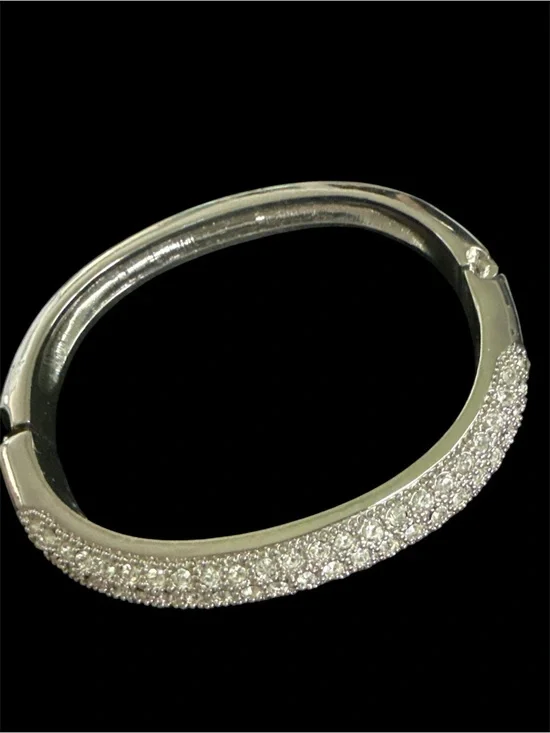 Silver Tone Pave Crystal Rhinestone Hinged Bangle Bracelet