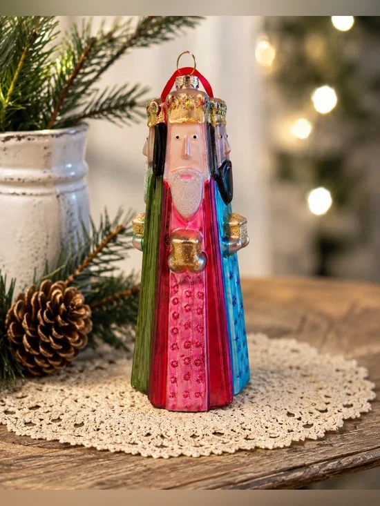Three Wise Men 3-Sided Glass Christmas Ornament Nativity Kings 6.5 Inch