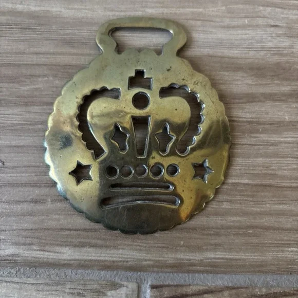 Brass Horse Medallion Antique English Victorian Crown Star Pierced Show Parade