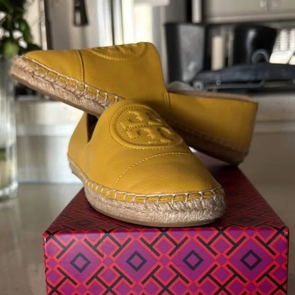 Tory Burch Benton Yellow Leather Espadrille Slide Sandal Flats Size 5