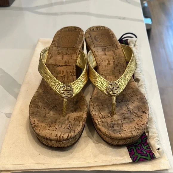 Tory Burch Gold Cork Wedge Flip Flop Sandals