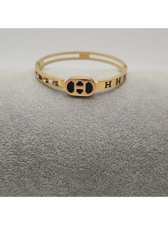 18K Gold Plated Stainless Steel Black Enamel H Bangle  Waterproof  Tarnish Proof