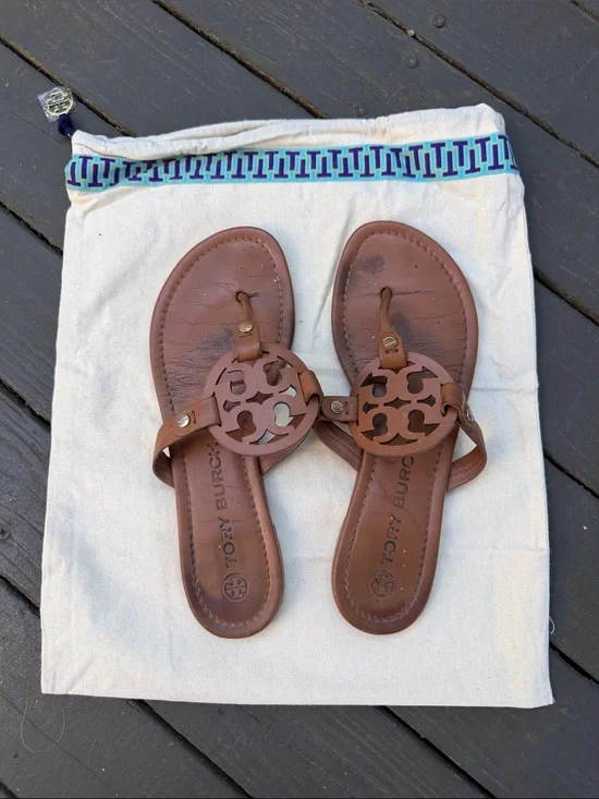 Tory Burch Brown Leather Logo Thong Sandals