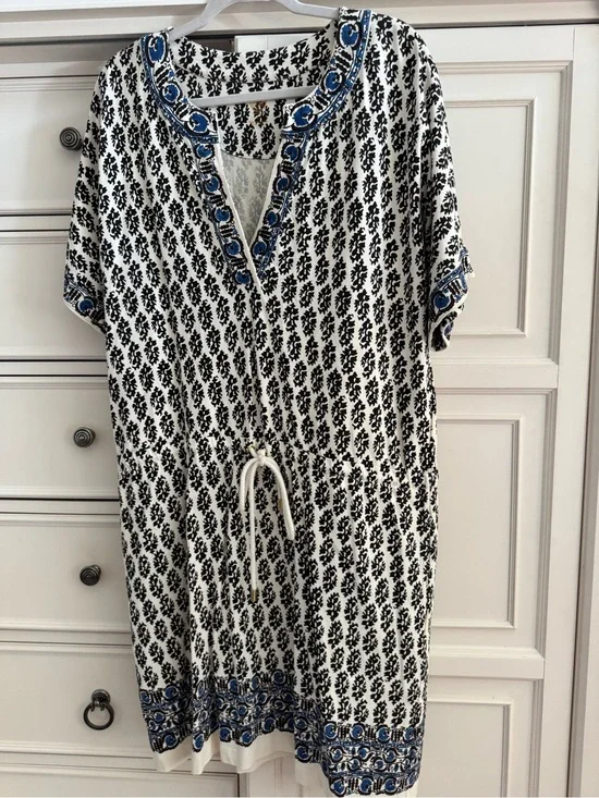 Tory Burch Dark Brown and Cream Printed Tunic Dress with Blue Trim