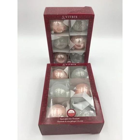 Vitbis Handcrafted Glass Ornaments Set of 12 Rose Gold White Glitter Poland