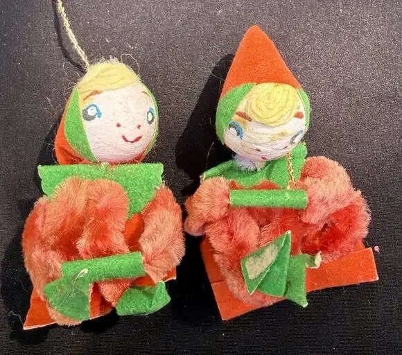 Felted Paper Elf Christmas Ornaments Pixie Chenille Spun Cotton Lot 2 -LO11/2