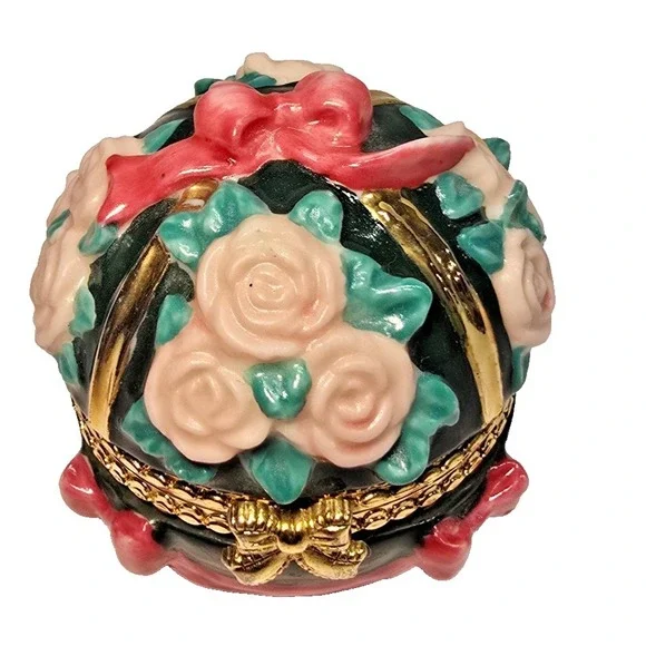 winterthur enesco porcelain trinket box 1997 hinged green‎ gold roses ribbons