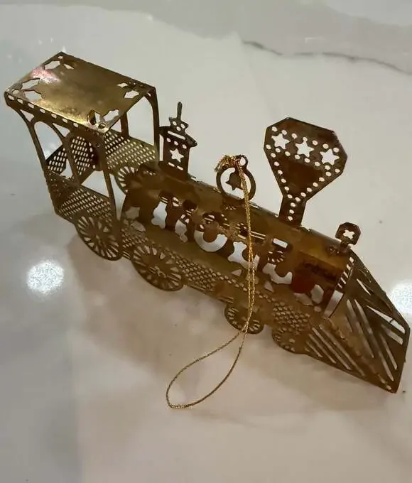 Vintage 1983 Gold-Tone Brass Filigree Train Locomotive Christmas Ornament
