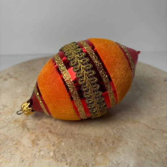 West Germany Christmas Ornament OS Red Orange Flocked‎ Velvet Gold Gilded Trim