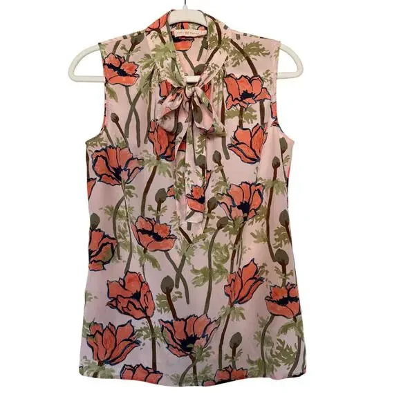 Tory Burch 4 Pink Poppy Floral 100% Silk Sleeveless Tie Neck Bow Blouse Top ITEM