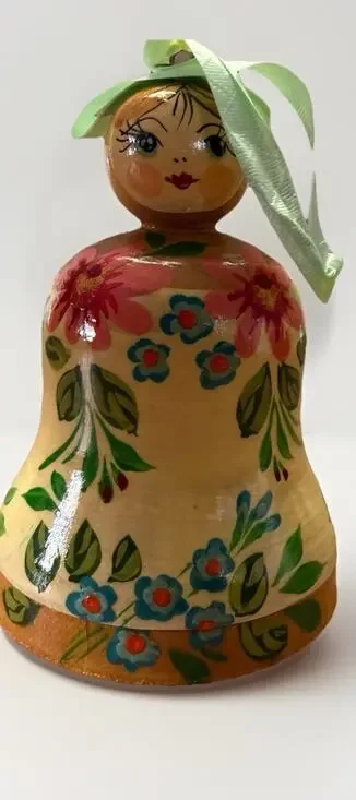 Vintage Hand Painted And Carved Wooden Russian Bell Girl 3